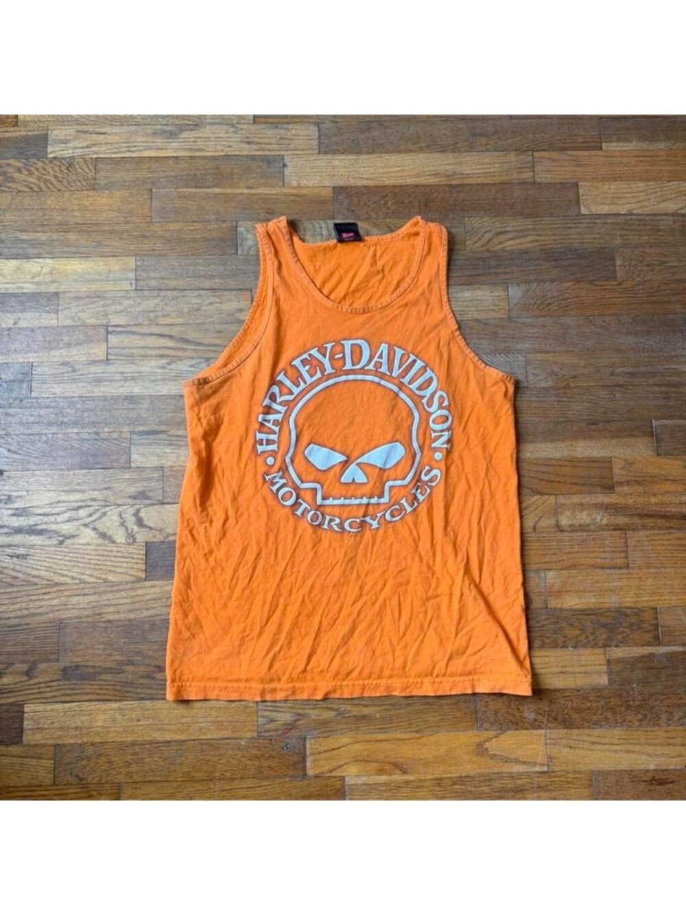 Harley Davidson orange tank top with white skull logo